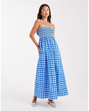 New Look Shirred Check Bandeau Midi Dress - Blue