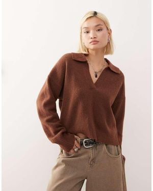 Monki Knitted Polo Jumper - Brown