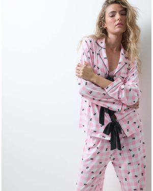 Loungeable Pyjama-set mit hemd mit reverskragen und bindung vorn sowie hose - Pink