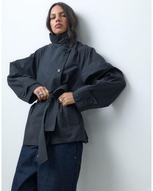 ASOS Funnel Neck Tie Belt Trench Coat - Blue