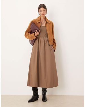 Threadbare Long Sleeve Square Neck Midi Dress With Poplin Skirt - Natural