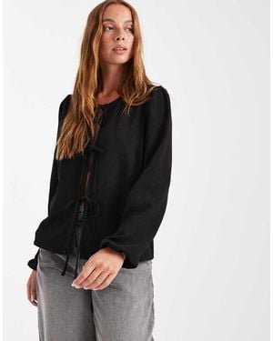 Pieces Tie Front Woven Blouse - Blue