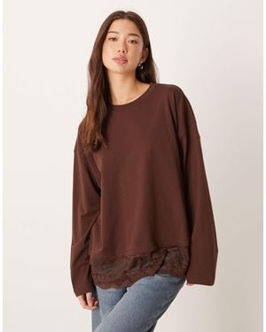 ASOS Long Sleeve Top With Lace Trim Hem Detail - Brown