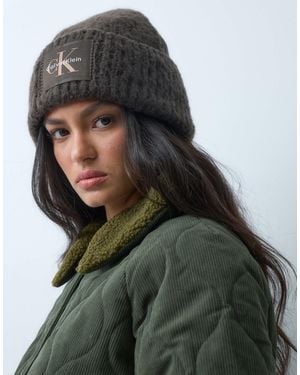 Calvin Klein Woven Label Brushed Chunky Rib Beanie - Brown