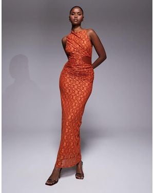 ASOS Lace Midi Dress With Cowl Draped Skirt And Mesh Cut Outs - Orange