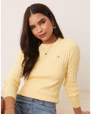 GANT Cotton Cable Knit Crew Neck Logo Sweater - Natural