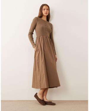 Threadbare Jersey Poplin-mix Midi Dress With Button-through Top - Natural