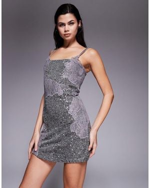 ASOS All Over Sequin Mini Dress With Lace Detail - Gray