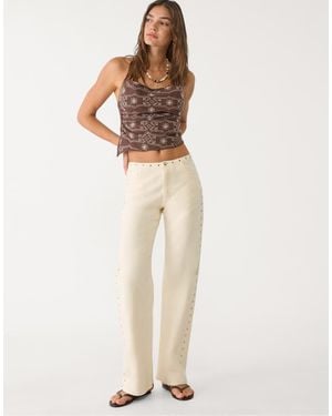 Stradivarius Straight Leg Jeans With Studded Waist - Natural