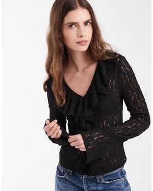 Vero Moda Top De Encaje Con Detalle De Volante Y Manga Larga En - Negro