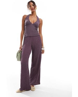 Pull&Bear Textured Wide Leg Trousers Co-ord - Purple