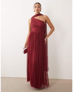 LACE & BEADS Bridesmaid Tulle One-shoulder Scarf Neck Fitted Waist Maxi Dress - Red