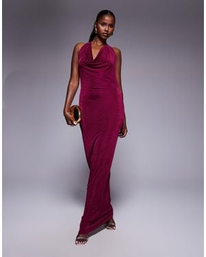 Aria Cove Double Layered Slinky Deep Cowl Neck Open Tie Back Maxi Dress - Purple