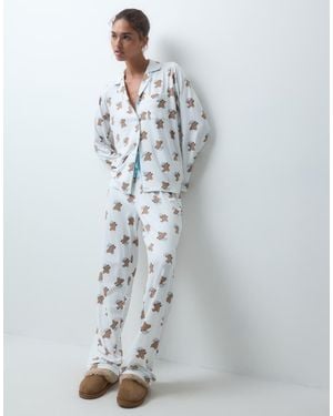 Loungeable Christmas Rever Button Up Shirt And Trouser Pyjama Set - White
