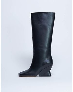 TOPSHOP Botas Por La Rodilla Negras Con Tacón De Cuña De Cuero Premium Selma De - Azul