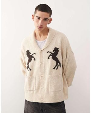 Reclaimed Vintage Chunky Neck Knitted Cardigan With Horse Print - Natural