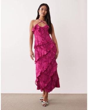 Pretty Lavish Ruffle Jacquard Cross Strap Midaxi Dress - Pink