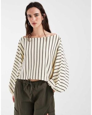 ASOS Sheer Slash Neck Cuffed Sleeve Batwing Jumper - Natural