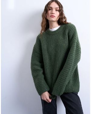 TOPSHOP Knitted Ribbed Balloon Sleeve Sweater - Green