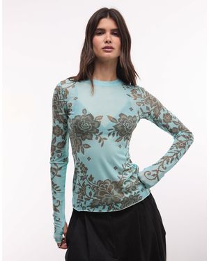 AFRM Kaylee mesh-oberteil mit rundhalsausschnitt, langen ärmeln und türkisfarbenem blumenmuster - Blau