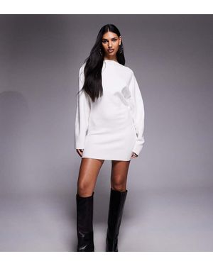 The Frolic Exclusive Straight Neck Ribbed Knit Balloon Sleeve Mini Jumper Dress - White