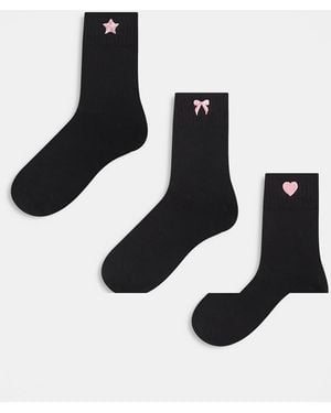 Pieces 3 Pack Pink Embroidered Socks - Black