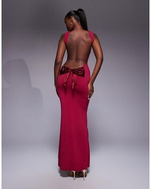 Tiger Mist Zita Square Neck Open Scoop Back Satin Bow Detail Maxi Dress - Red