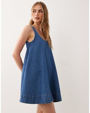 ASOS Denim Scoop Neck Trapeze Dress With Pockets - Blue