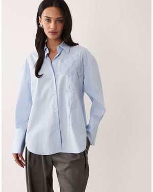 Mango Cotton Mix Classic Shirt With Embroidery - Blue