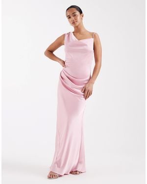 TFNC London Bridesmaids Satin One Shoulder Maxi Dress - Pink