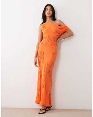 ASOS Floral Embellished Maxi Dress With Draped Fallen Shoulder - Orange