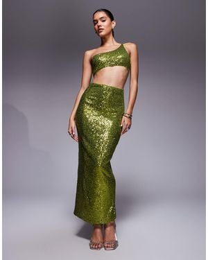 ASOS All Over Sequin One Shoulder Faux-ord Midi Dress - Green