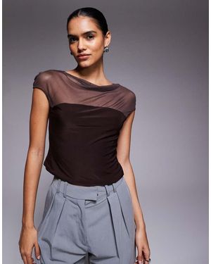 ASOS Mesh Slinky Mix Slash Neck Top - Grey