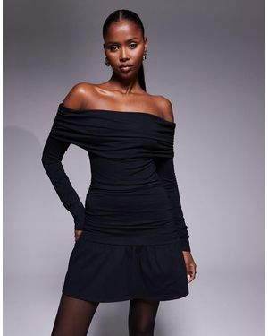 Fashionkilla Exclusive Cotton Rich Bardot Ruched Drop Waist Ruffle Hem Mini Dress - Blue