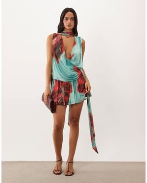 ASOS Printed Floral Mesh Cowl Mini Dress With Drape Sash And Scarf Detail - Multicolor