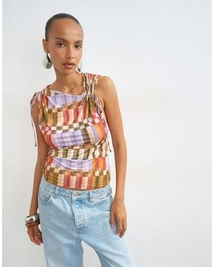 TOPSHOP Check Mesh Ruched Detail Top - Blue