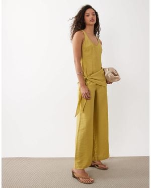 ASOS Satin Crinkle Jumpsuit With Scarf Waist Detail - Yellow