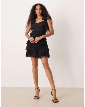 LACE & BEADS Bow Shoulder Tulle Ruffle Mini Dress - Black