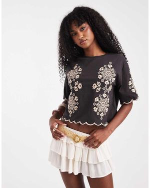 Miss Selfridge Top Ricamato A Fiori Color Antracite - Multicolore