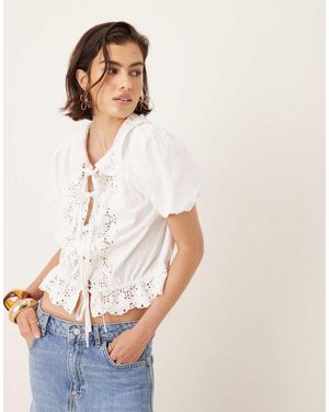 Neon Rose Embroidered Tie-front Puff Sleeve Blouse - White