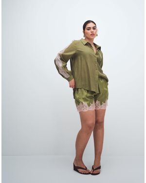 Never Fully Dressed Satin Lace Hem Detail Shorts Co-Ord - Green