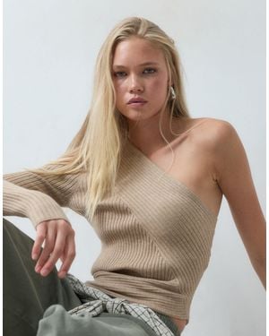 ASOS Long Sleeve One Shoulder Knit Rib Top - Natural