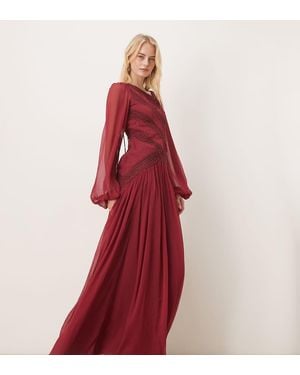 ASOS Asos Design Tall Long Sleeved Asymmetric Neckline Maxi Dress With Lace Trim - Red