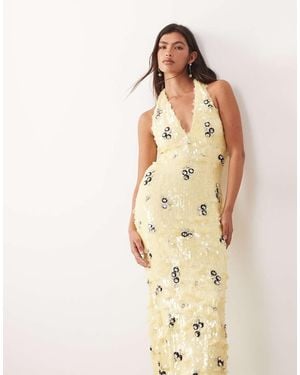 ARRANGE Crystal Embellished Plunge Halter Neck Column Maxi Dress - Natural