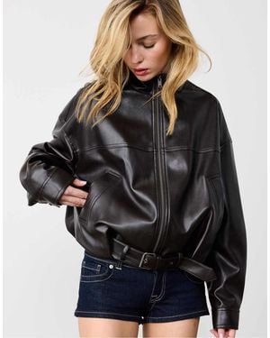 Stradivarius Leather Effect Balloon Jacket With Belt - Black