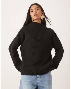 Pretty Lavish Split Collar Oversized Knit Sweater - Black