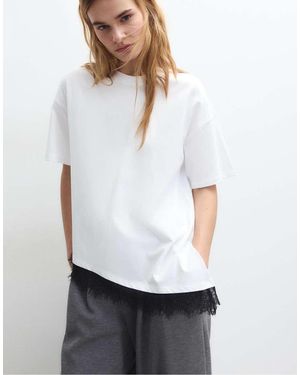 Stradivarius Short Sleeve T-Shirt With Lace Hem - White