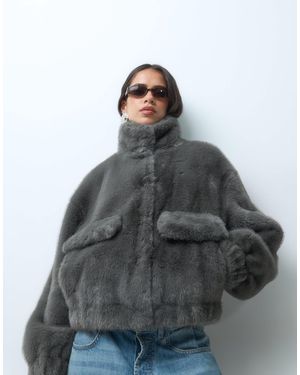 Mango Funnel Neck Faux Fur Jacket - Gray