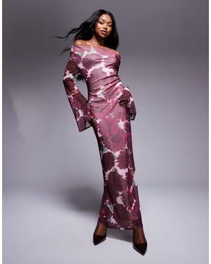 ASOS Cowl Front Mesh Maxi Dress With Flare Sleeve - Purple