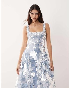 ARRANGE Embellished Disc Sequin Square Neck Full Skirt Midi Dress - White